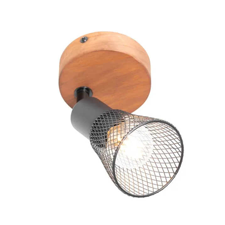 QAZQA Wandstrahler|Deckenstrahler*Industrieller Spot schwarz mit Holz - Kristina