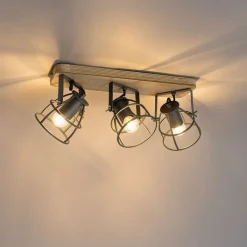 QAZQA Deckenstrahler|Aufbaustrahler*Industriespot dunkelgrau und Holz verstellbar 3-flammig – Arthur