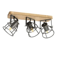 QAZQA Deckenstrahler|Aufbaustrahler*Industriespot dunkelgrau und Holz verstellbar 3-flammig – Arthur