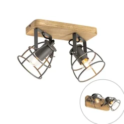 QAZQA Deckenstrahler|Aufbaustrahler*Industriespot dunkelgrau mit Holz verstellbar 2-flammig – Arthur