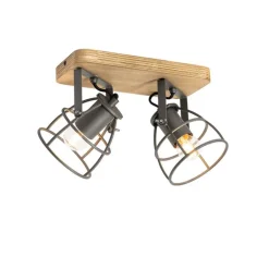 QAZQA Deckenstrahler|Aufbaustrahler*Industriespot dunkelgrau mit Holz verstellbar 2-flammig – Arthur