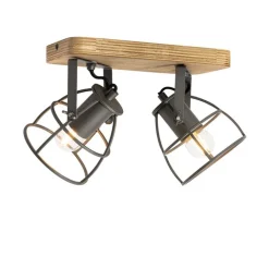 QAZQA Deckenstrahler|Aufbaustrahler*Industriespot dunkelgrau mit Holz verstellbar 2-flammig – Arthur