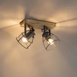 QAZQA Deckenstrahler|Aufbaustrahler*Industriespot dunkelgrau mit Holz verstellbar 2-flammig – Arthur