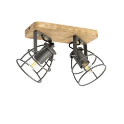 QAZQA Deckenstrahler|Aufbaustrahler*Industriespot dunkelgrau mit Holz verstellbar 2-flammig – Arthur