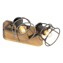 QAZQA Deckenstrahler|Aufbaustrahler*Industriespot dunkelgrau mit Holz verstellbar 2-flammig – Arthur