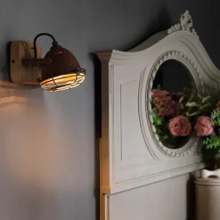 QAZQA Küchenlampen|Wandstrahler*Industriespot rostbraun mit Holz kippbar - Gina