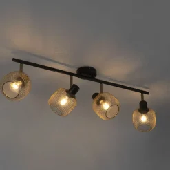 QAZQA Deckenstrahler|Aufbaustrahler*Industriespot schwarz mit goldenen 4-Lichtern - Bliss Mesh
