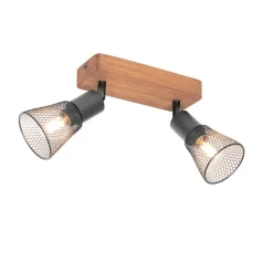 QAZQA Deckenstrahler|Aufbaustrahler*Industrie-Spot schwarz mit Holz 2-flammig - Kristina