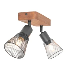 QAZQA Deckenstrahler|Aufbaustrahler*Industrie-Spot schwarz mit Holz 2-flammig - Kristina