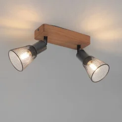 QAZQA Deckenstrahler|Aufbaustrahler*Industrie-Spot schwarz mit Holz 2-flammig - Kristina