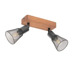 QAZQA Deckenstrahler|Aufbaustrahler*Industrie-Spot schwarz mit Holz 2-flammig - Kristina