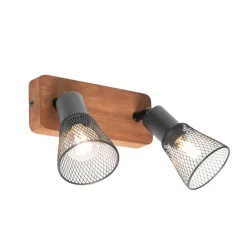QAZQA Deckenstrahler|Aufbaustrahler*Industrie-Spot schwarz mit Holz 2-flammig - Kristina
