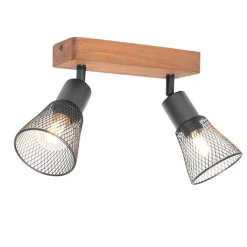 QAZQA Deckenstrahler|Aufbaustrahler*Industrie-Spot schwarz mit Holz 2-flammig - Kristina