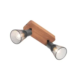 QAZQA Deckenstrahler|Aufbaustrahler*Industrie-Spot schwarz mit Holz 2-flammig - Kristina