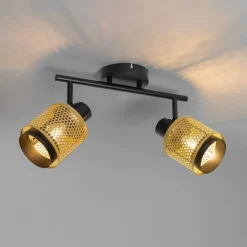 QAZQA Deckenstrahler|Aufbaustrahler*Industrie-Spot Schwarz mit Gold 2 Lichter - Kayden
