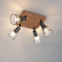 QAZQA Deckenstrahler|Aufbaustrahler*Industrie-Spot schwarz mit Holz 4-flammig - Kristina