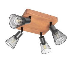 QAZQA Deckenstrahler|Aufbaustrahler*Industrie-Spot schwarz mit Holz 4-flammig - Kristina