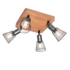 QAZQA Deckenstrahler|Aufbaustrahler*Industrie-Spot schwarz mit Holz 4-flammig - Kristina