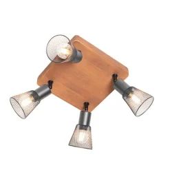 QAZQA Deckenstrahler|Aufbaustrahler*Industrie-Spot schwarz mit Holz 4-flammig - Kristina