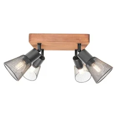 QAZQA Deckenstrahler|Aufbaustrahler*Industrie-Spot schwarz mit Holz 4-flammig - Kristina