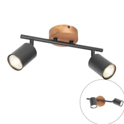 QAZQA Deckenstrahler|Aufbaustrahler*Industrie-Spot schwarz mit Holz schwenkbar 2 Lichter - Jeana