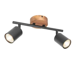 QAZQA Deckenstrahler|Aufbaustrahler*Industrie-Spot schwarz mit Holz schwenkbar 2 Lichter - Jeana