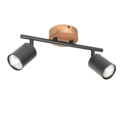 QAZQA Deckenstrahler|Aufbaustrahler*Industrie-Spot schwarz mit Holz schwenkbar 2 Lichter - Jeana