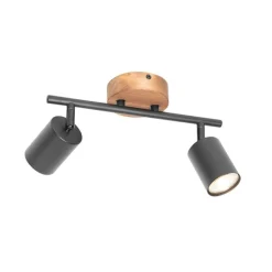 QAZQA Deckenstrahler|Aufbaustrahler*Industrie-Spot schwarz mit Holz schwenkbar 2 Lichter - Jeana
