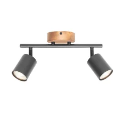 QAZQA Deckenstrahler|Aufbaustrahler*Industrie-Spot schwarz mit Holz schwenkbar 2 Lichter - Jeana
