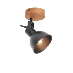 QAZQA Wandstrahler|Deckenstrahler*Industrie-Spot schwarz mit Holz neigbar - Tommy