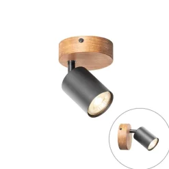 QAZQA Wandstrahler|Deckenstrahler*Industriespot schwarz mit Holz neigbar - Jeana
