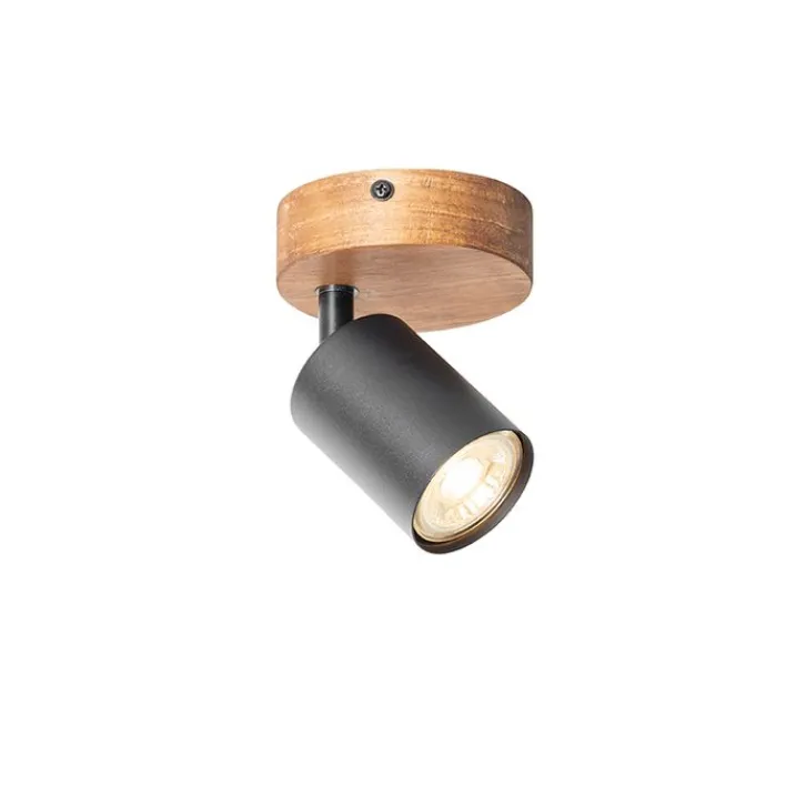 QAZQA Wandstrahler|Deckenstrahler*Industriespot schwarz mit Holz neigbar - Jeana
