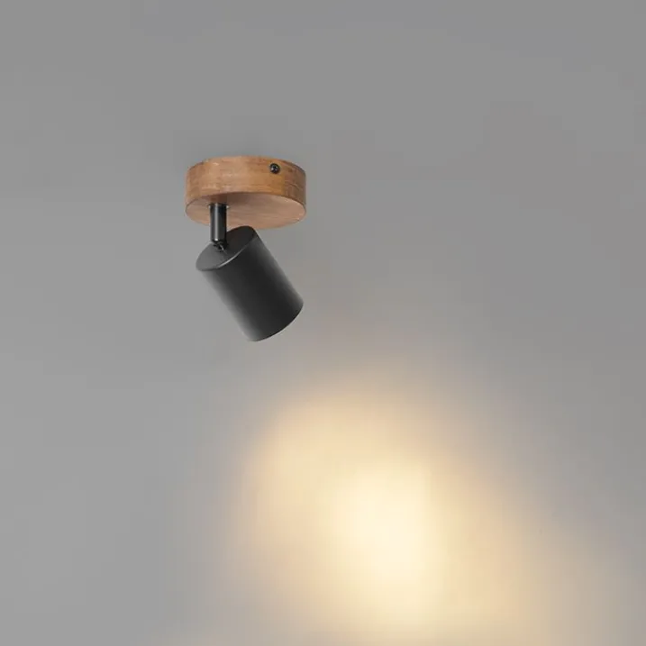 QAZQA Wandstrahler|Deckenstrahler*Industriespot schwarz mit Holz neigbar - Jeana