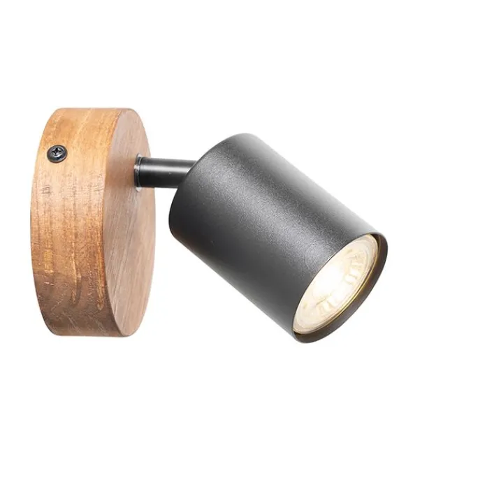 QAZQA Wandstrahler|Deckenstrahler*Industriespot schwarz mit Holz neigbar - Jeana