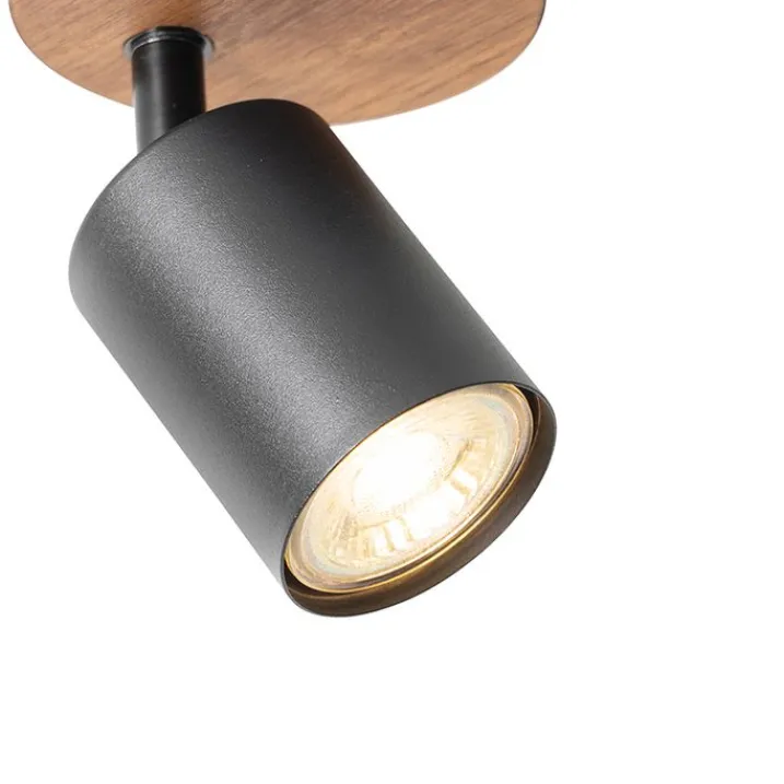 QAZQA Wandstrahler|Deckenstrahler*Industriespot schwarz mit Holz neigbar - Jeana