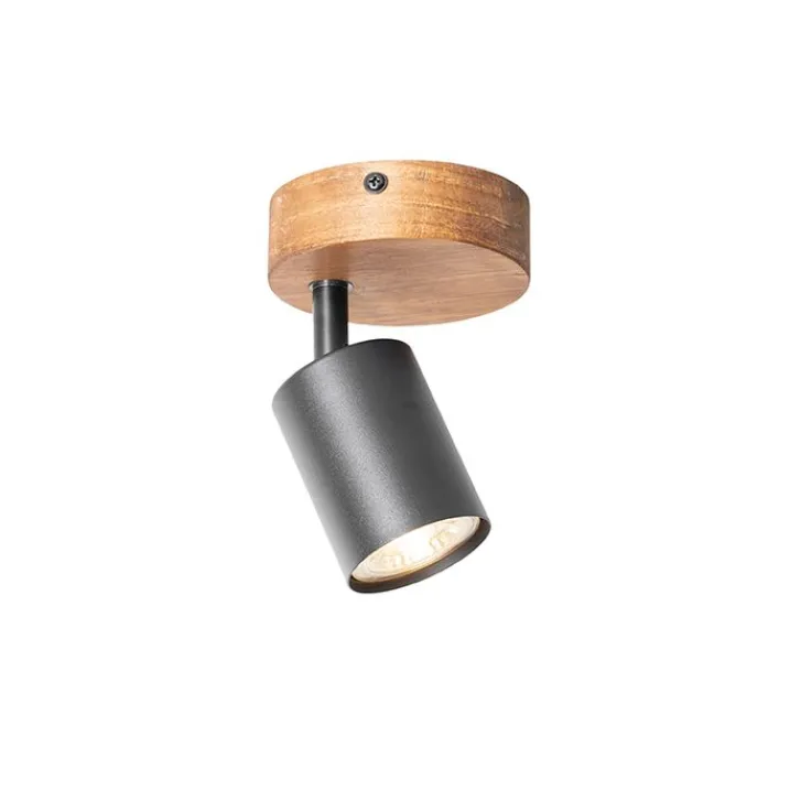 QAZQA Wandstrahler|Deckenstrahler*Industriespot schwarz mit Holz neigbar - Jeana
