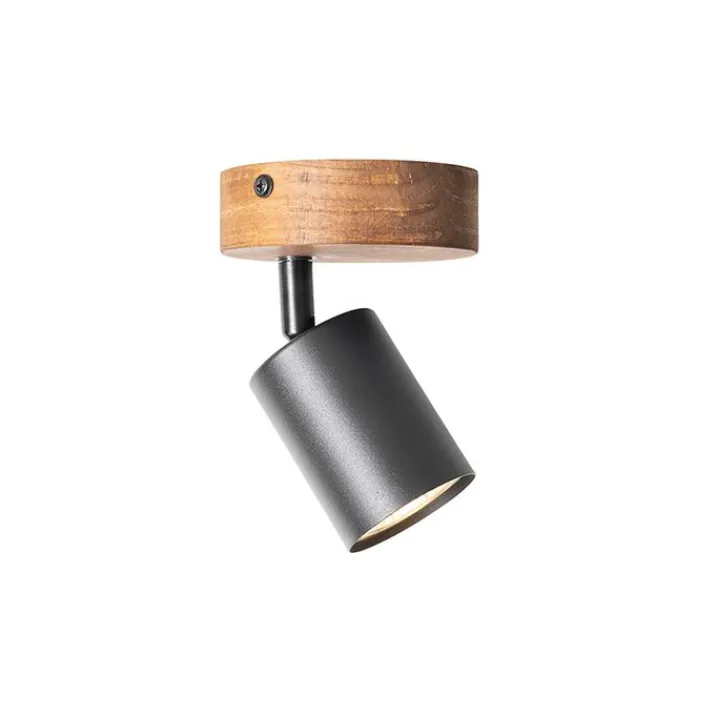 QAZQA Wandstrahler|Deckenstrahler*Industriespot schwarz mit Holz neigbar - Jeana