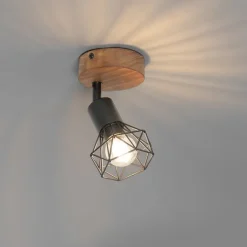 QAZQA Wandstrahler|Deckenstrahler*Industriespot schwarz mit Holz dreh- und neigbar - Mosh