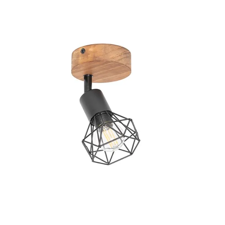 QAZQA Wandstrahler|Deckenstrahler*Industriespot schwarz mit Holz dreh- und neigbar - Mosh