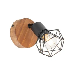 QAZQA Wandstrahler|Deckenstrahler*Industriespot schwarz mit Holz dreh- und neigbar - Mosh