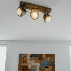 QAZQA Deckenstrahler|Aufbaustrahler*Industriespot Stahl mit Holz kippbar 3-Licht - Emado