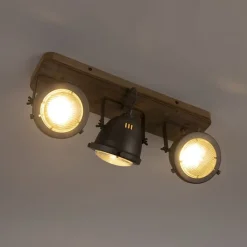 QAZQA Deckenstrahler|Aufbaustrahler*Industriespot Stahl mit Holz kippbar 3-Licht - Emado