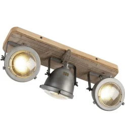 QAZQA Deckenstrahler|Aufbaustrahler*Industriespot Stahl mit Holz kippbar 3-Licht - Emado