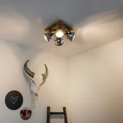 QAZQA Deckenstrahler|Aufbaustrahler*Industriespot Stahl mit Holz kippbar 4-Licht - Emado