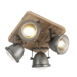 QAZQA Deckenstrahler|Aufbaustrahler*Industriespot Stahl mit Holz kippbar 4-Licht - Emado