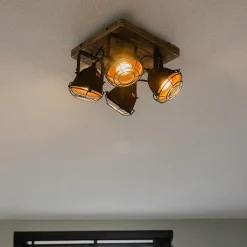 QAZQA Schlafzimmerlampen|Küchenlampen*Industriestrahler rostbraun mit Holz kippbar 4-Licht - Gina