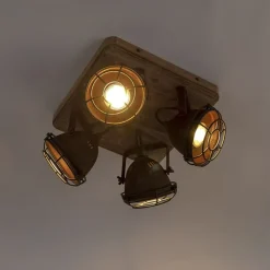 QAZQA Schlafzimmerlampen|Küchenlampen*Industriestrahler rostbraun mit Holz kippbar 4-Licht - Gina