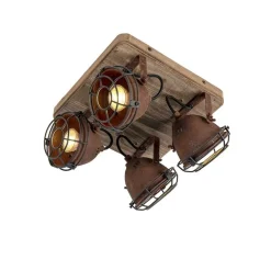 QAZQA Schlafzimmerlampen|Küchenlampen*Industriestrahler rostbraun mit Holz kippbar 4-Licht - Gina