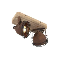 QAZQA Deckenstrahler|Aufbaustrahler*Industriestrahler rostbraun mit Holz kippbar 2-Licht - Gina