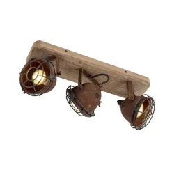 QAZQA Schlafzimmerlampen|Esszimmerlampen*Industriestrahler rostbraun mit Holz kippbar 3-Licht - Gina